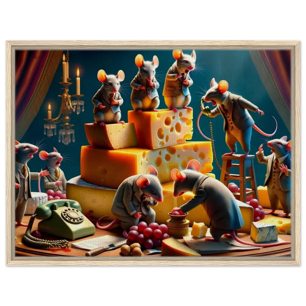 Anthropomorphic mice with cheese on framed canvas artwork titled Framed Boardroom Brie-down Canvas