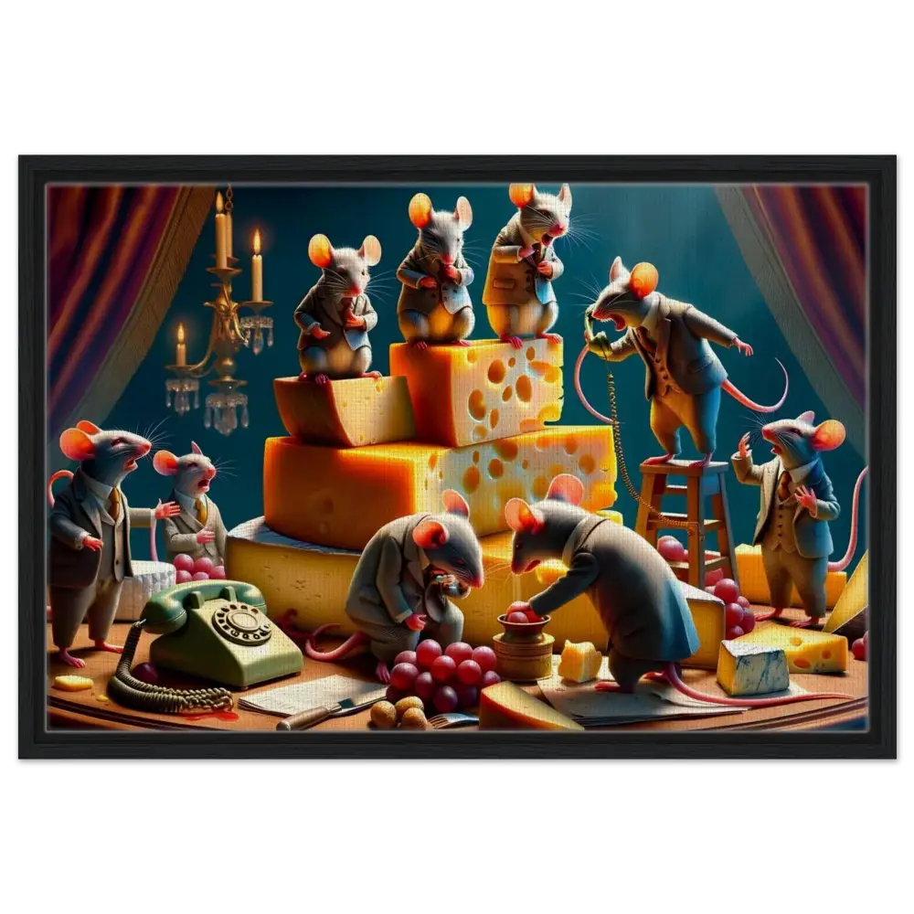 Anthropomorphic mice with cheese on the Framed Boardroom Brie-down Canvas in The Cheddar Chamber