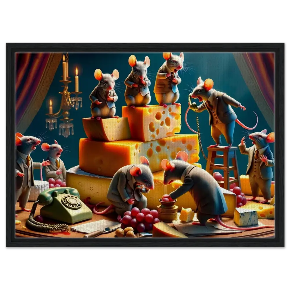 Anthropomorphic mice business meeting displayed on Framed Boardroom Brie-down Canvas