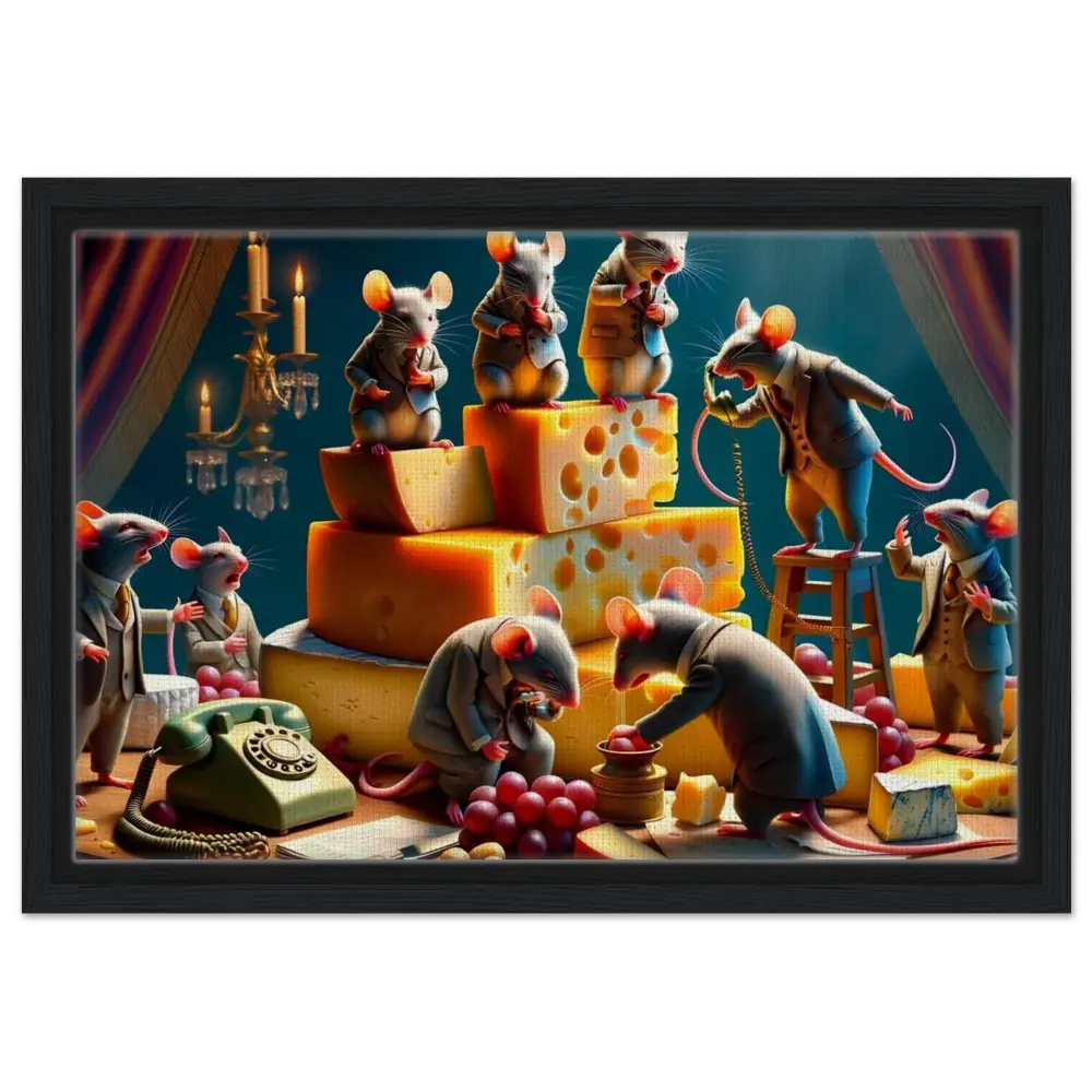 Anthropomorphic mice having a business meeting in the Framed Boardroom Brie-down Canvas