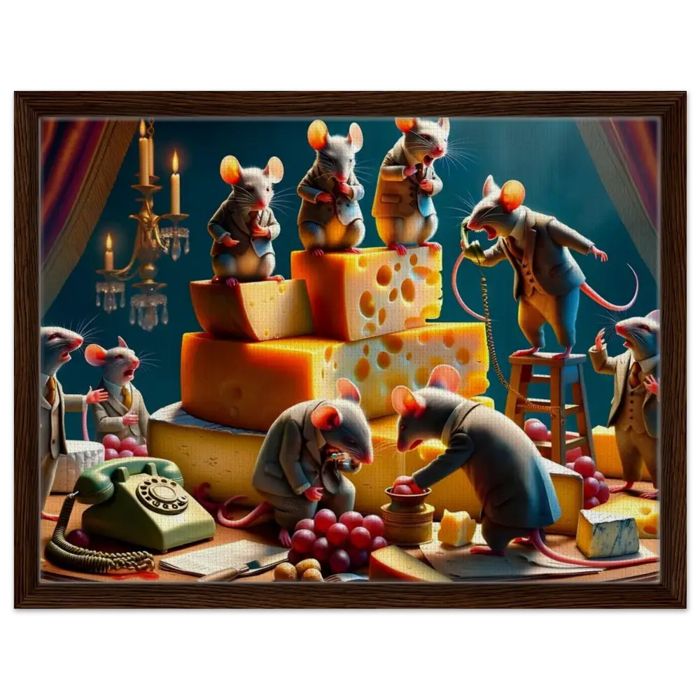 Framed painting of mice in suits with cheese from PixiOnyx Executive Cheese Art Collection