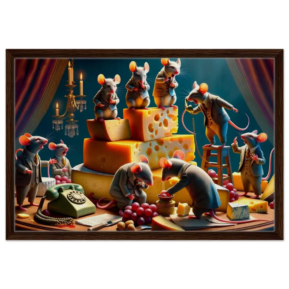 Anthropomorphic mice with cheese on framed boardroom Brie-down canvas artwork