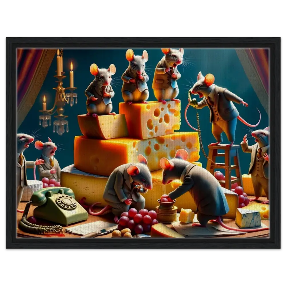 Anthropomorphic mice having a business meeting in a framed cheese-themed artwork