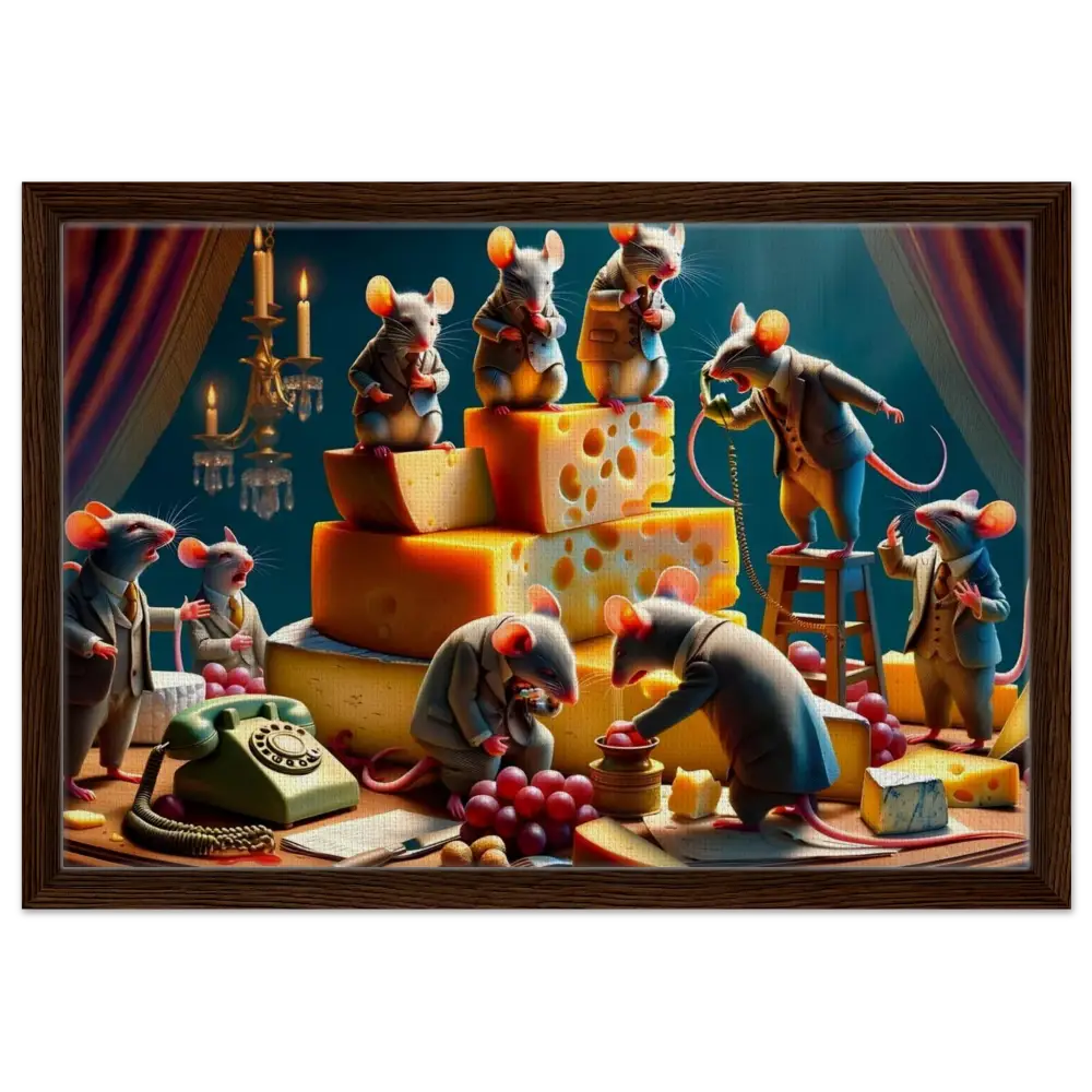 Anthropomorphic mice enjoying a cheese party at The Cheddar Chamber painting on Framed Boardroom Brie-down Canvas