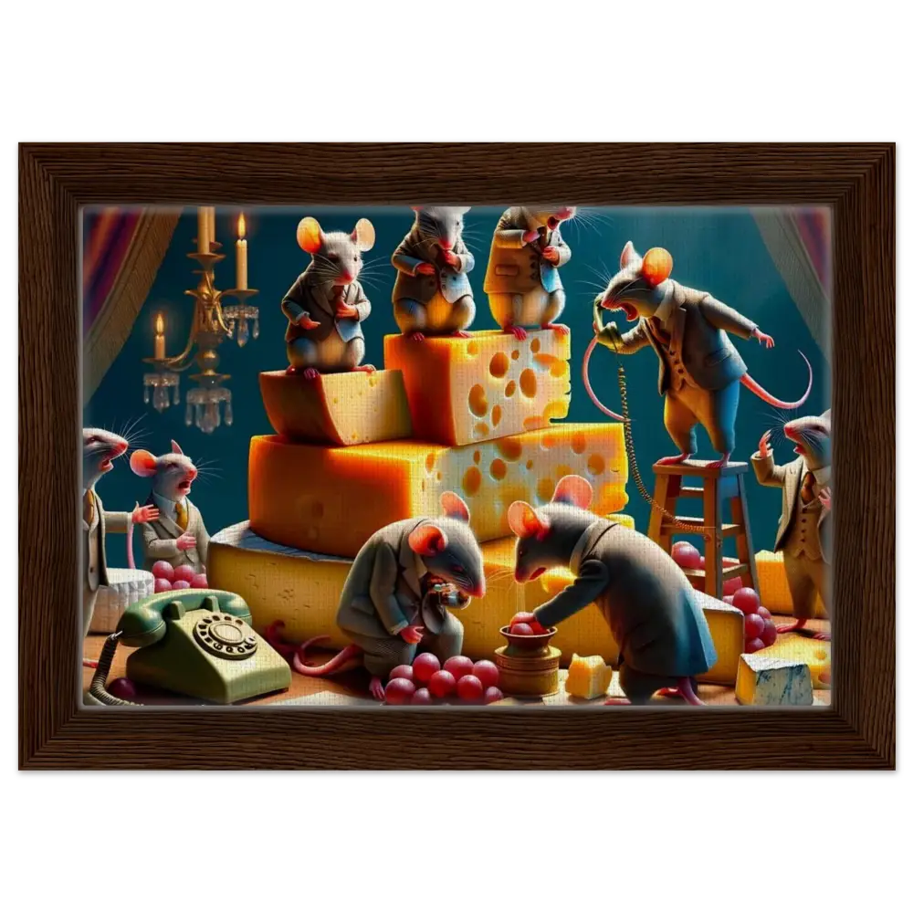 Framed Boardroom Brie-down Canvas depicts mice in suits from PixiOnyx Executive Cheese Art
