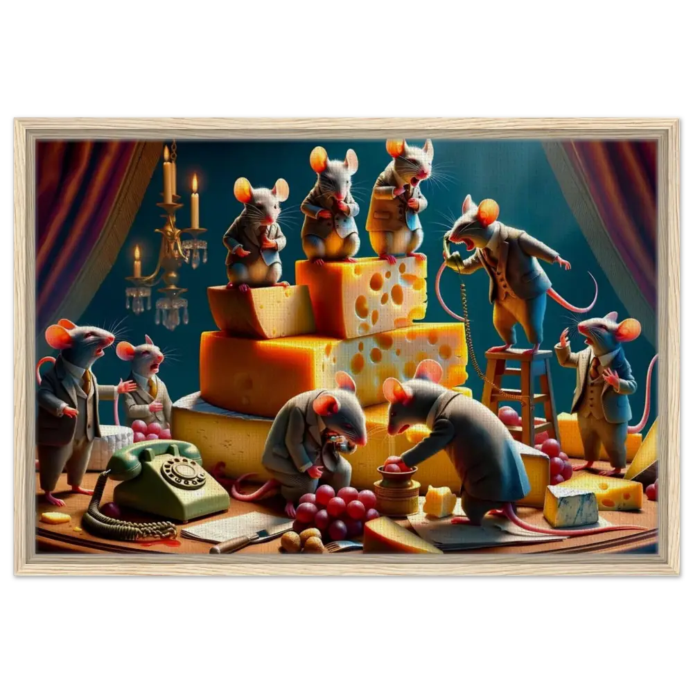 Anthropomorphic mice feasting on cheese in a luxurious boardroom scene on PixiOnyx canvas