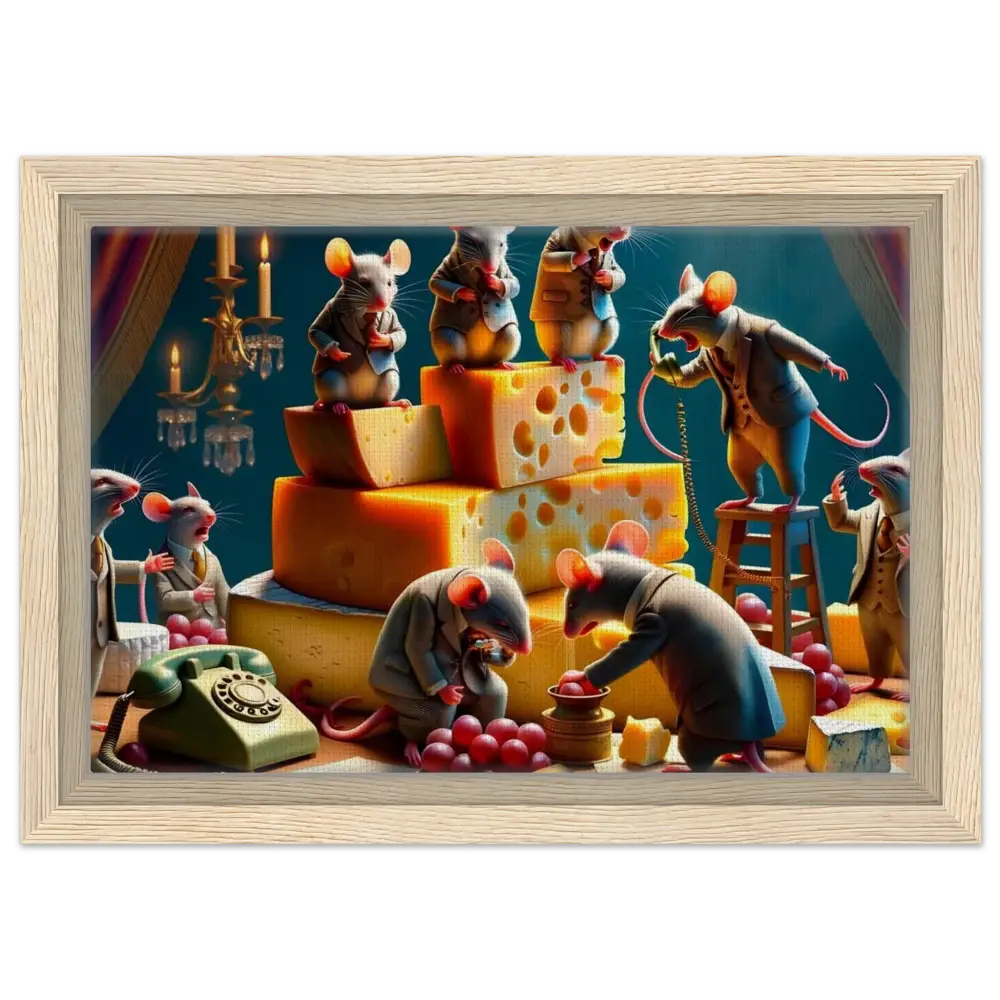 Anthropomorphic mice in a cheese-filled scene on PixiOnyx Framed Boardroom Brie-down Canvas