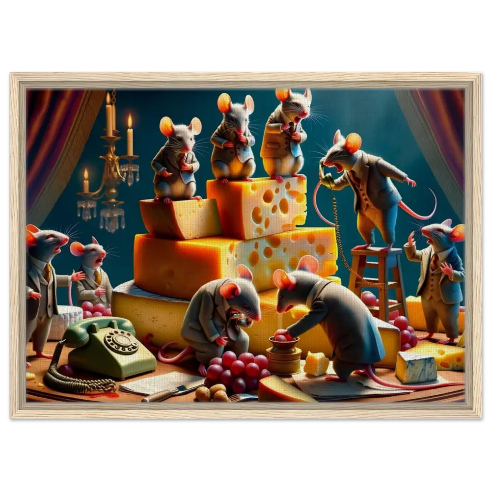 Anthropomorphic mice having a business meeting in the Framed Boardroom Brie-down Canvas