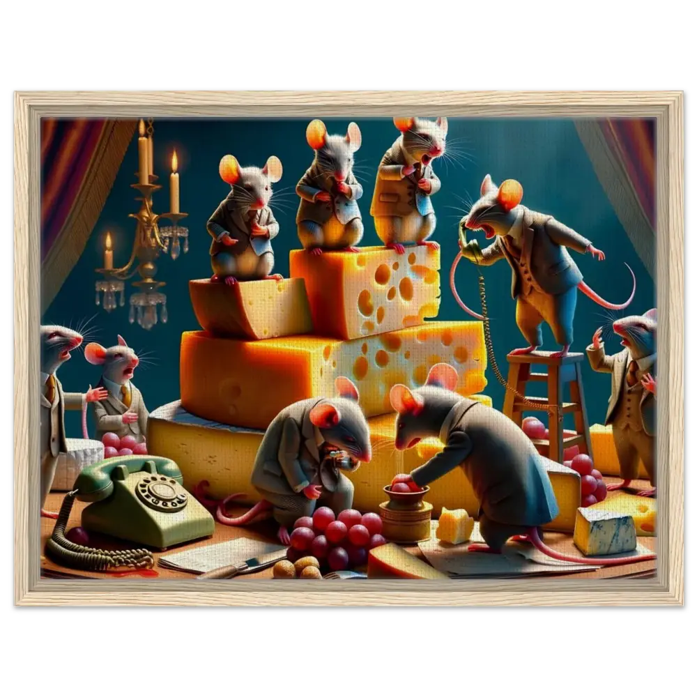 Anthropomorphic mice in a cheese-filled scene from PixiOnyx Executive Cheese Art