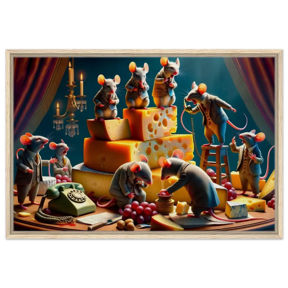 Anthropomorphic mice with cheese showcased on Framed Boardroom Brie-down Canvas by PixiOnyx