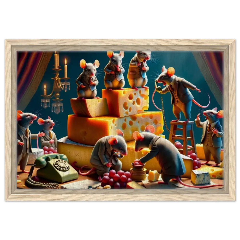 Anthropomorphic mice with cheese on framed boardroom canvas in PixiOnyx Executive Cheese Art