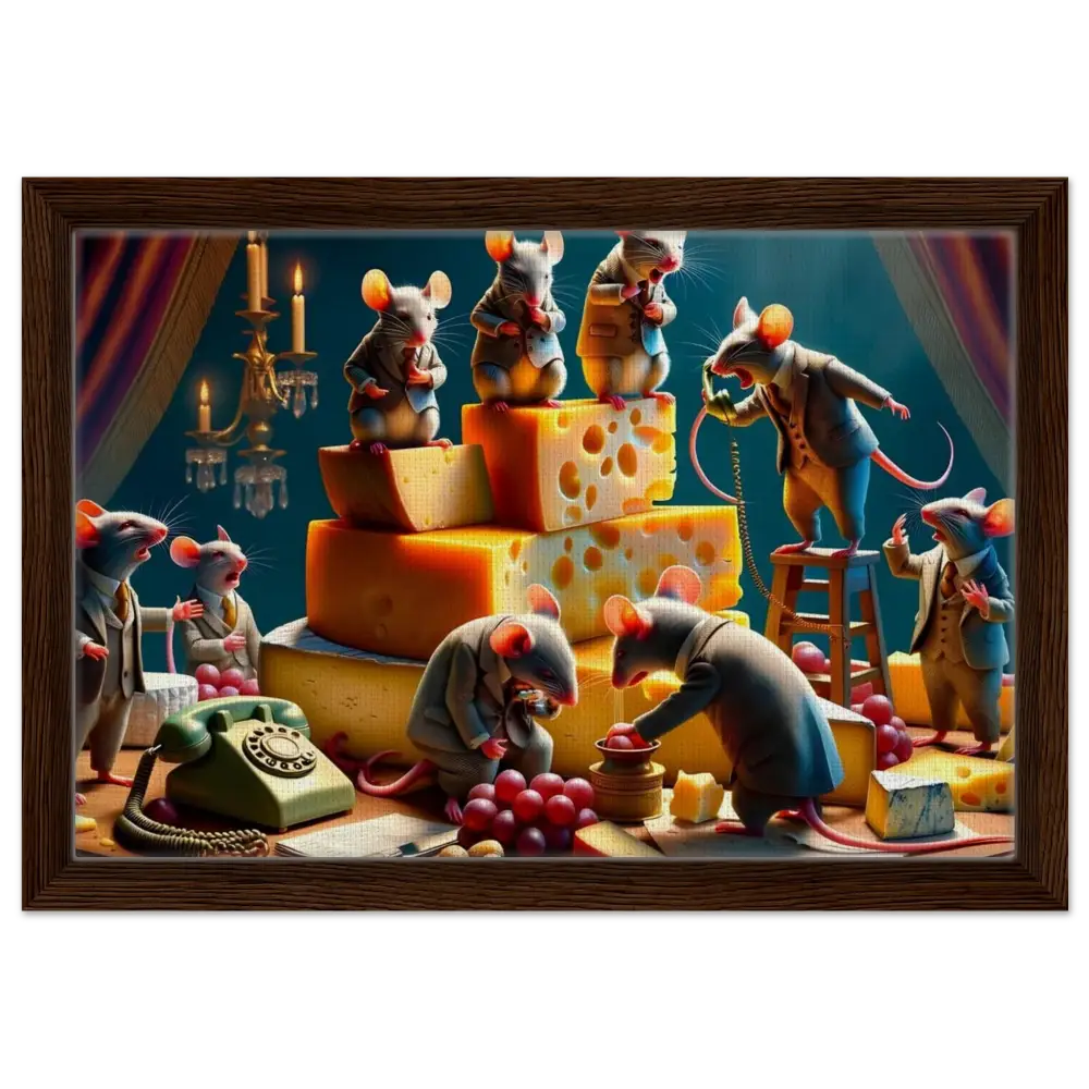 Framed painting of mice in suits with cheese featuring PixiOnyx Executive Cheese Art