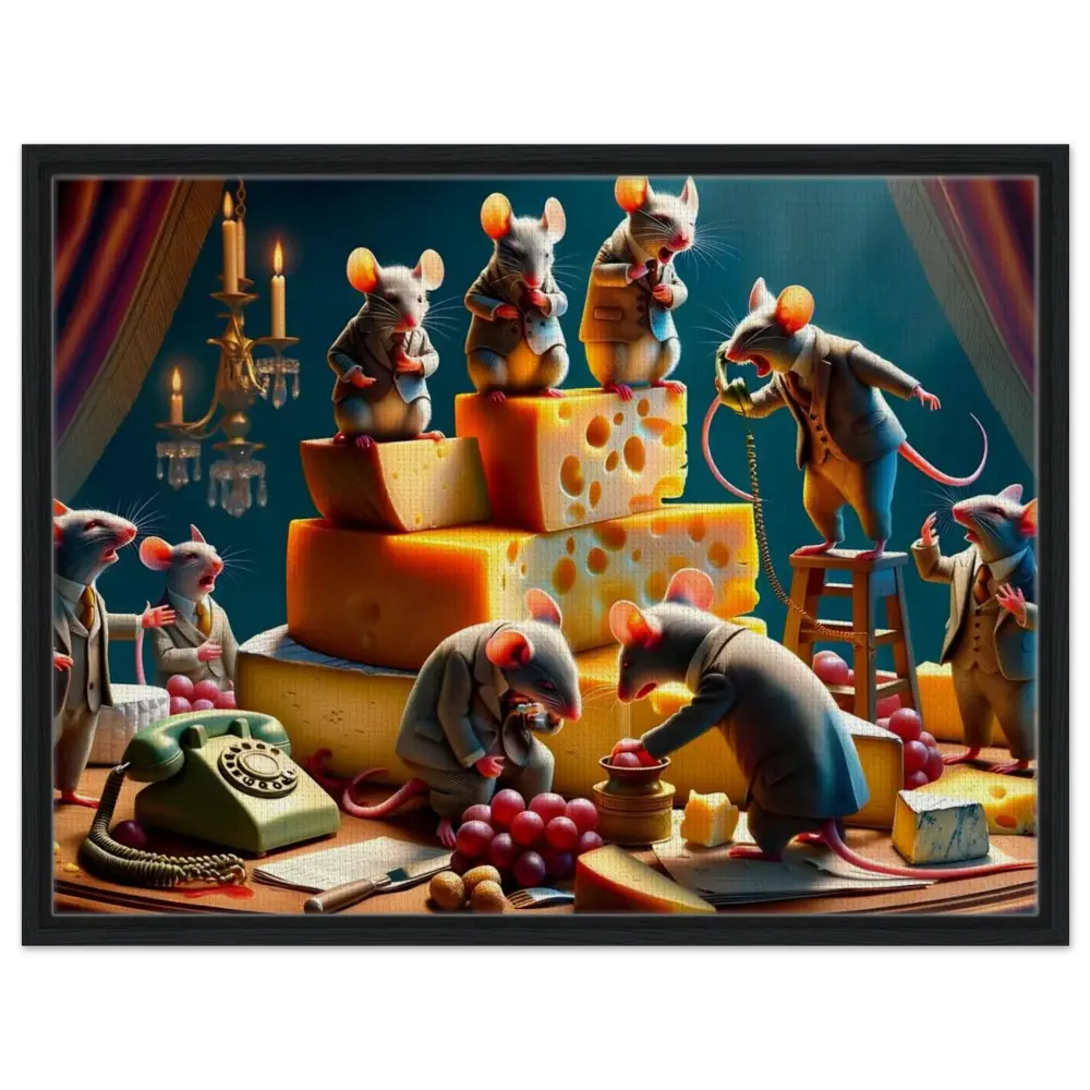 Anthropomorphic mice having a cheese-themed meeting in PixiOnyx Executive Cheese Art Canvas