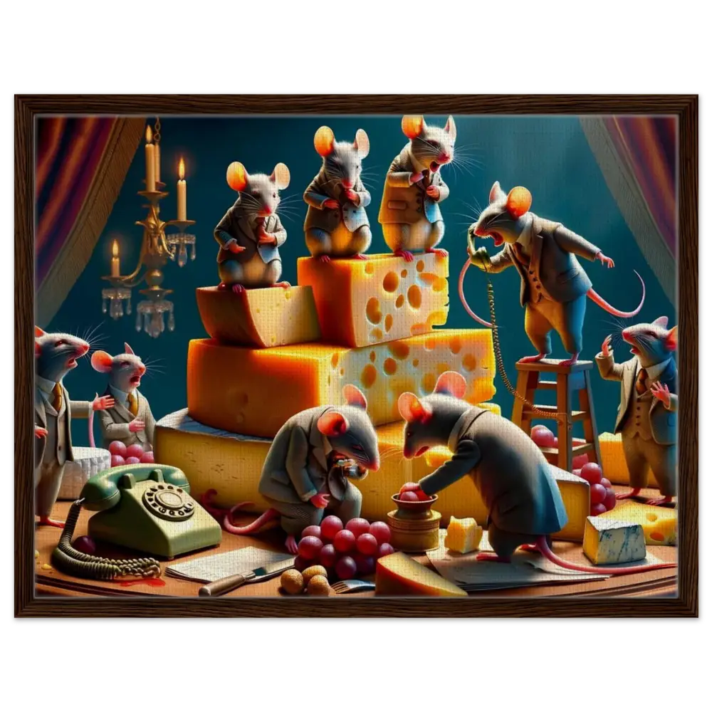 Anthropomorphic mice enjoying cheese party on Framed Boardroom Brie-down Canvas