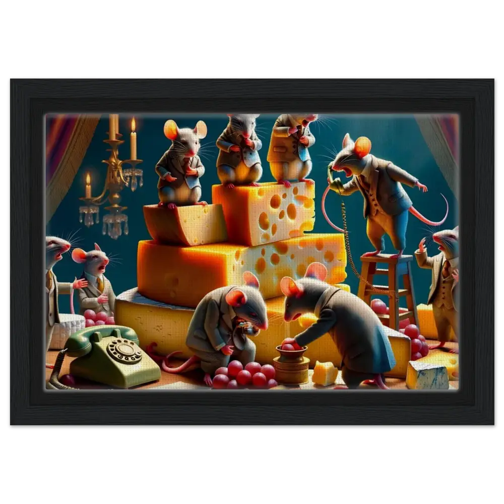 Mice in suits with cheese and grapes on Framed Boardroom Brie-down Canvas