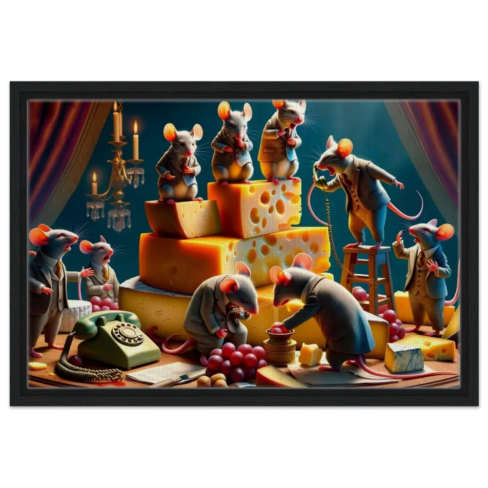Anthropomorphic mice feast on cheese in vibrant artwork for Framed Boardroom Brie-down Canvas