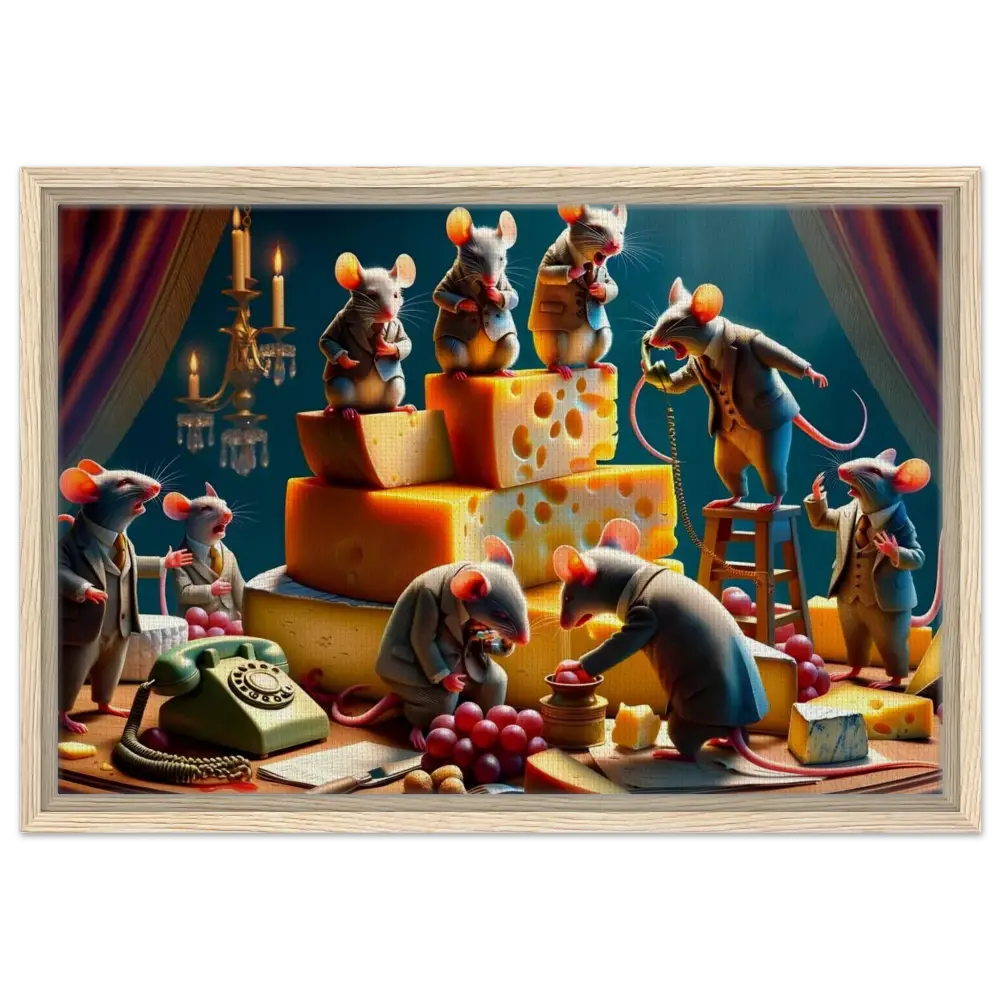 Anthropomorphic mice with cheese on framed canvas artwork for The Cheddar Chamber