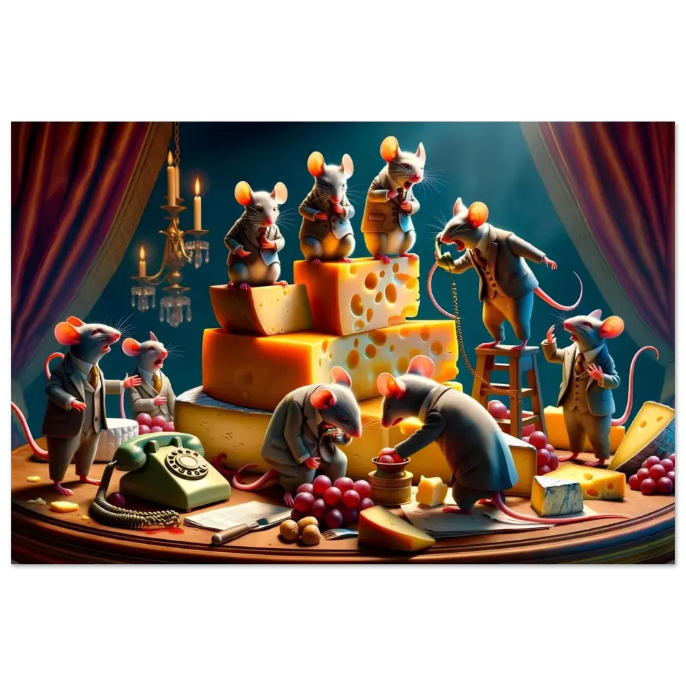 Anthropomorphic mice with cheese on framed Boardroom Brie-down Poster Dairy Directive PixiOnyx