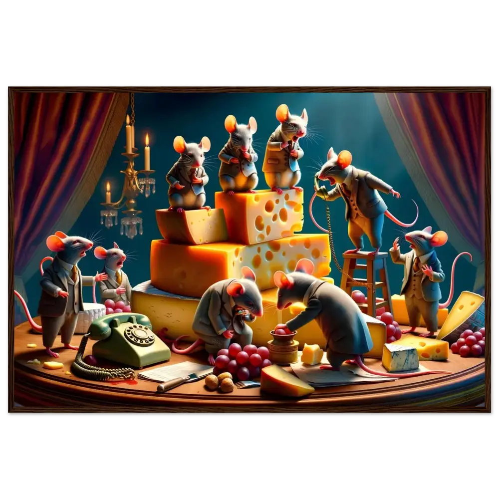 Anthropomorphic mice with cheese on a framed boardroom Brie-down Poster