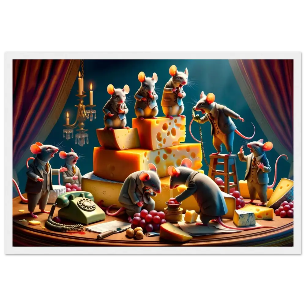 Anthropomorphic mice with cheese on a framed boardroom Brie-down Poster Dairy Directive