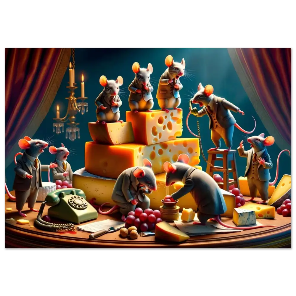 Anthropomorphic mice enjoying cheese artwork for Framed Boardroom Brie-down Poster