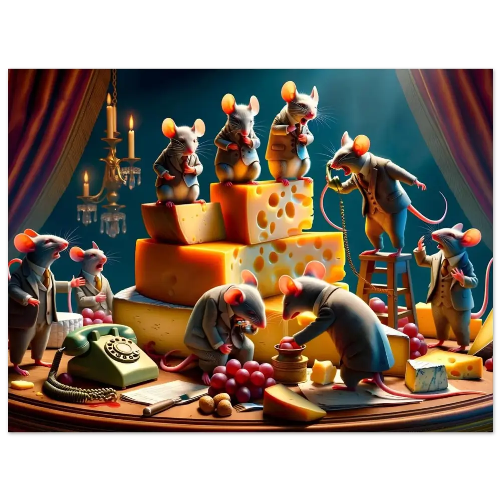 Anthropomorphic mice enjoying cheese on a framed Dairy Directive Poster by PixiOnyx