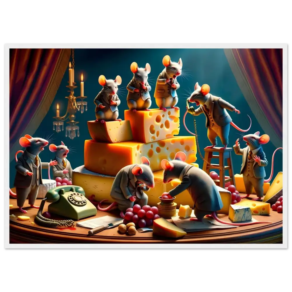 Anthropomorphic mice with cheese on a framed Dairy Directive Poster by PixiOnyx