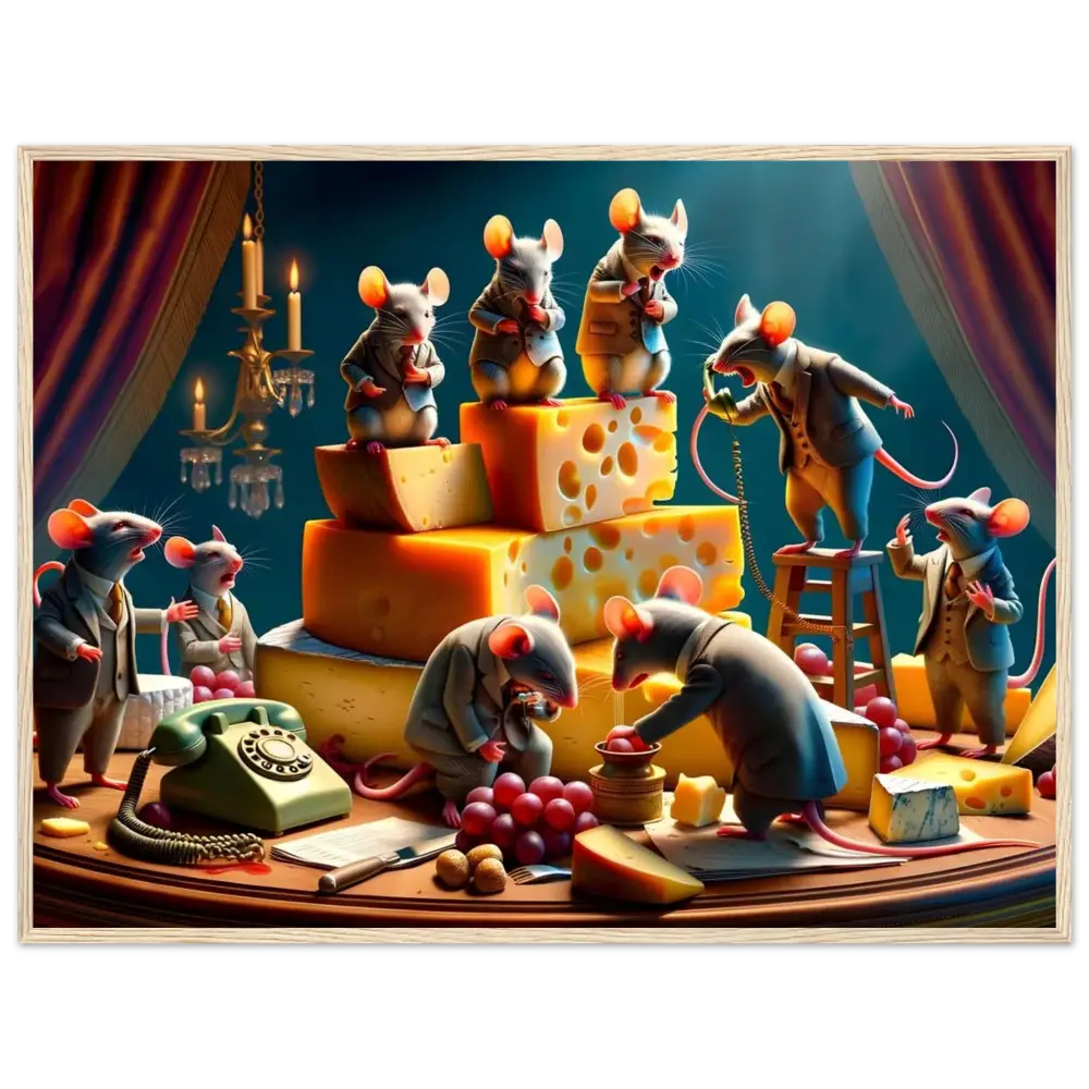 Anthropomorphic mice having a business meeting in a framed dairy-themed boardroom print