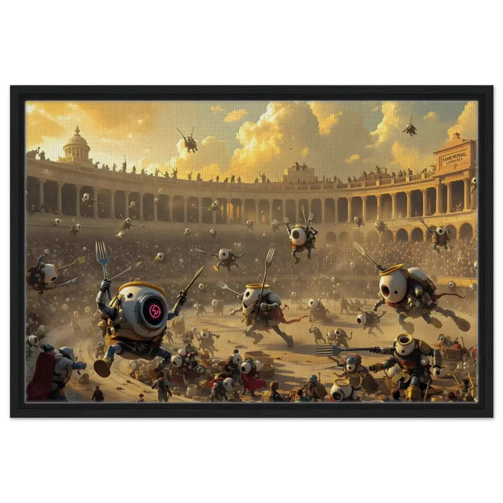 Robotic gladiatorial arena scene on Framed Canvas Battle of the Breakfast Bots PixiOnyx Coliseum Series