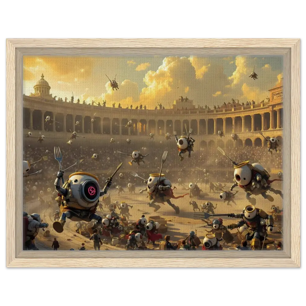 Framed Canvas depicting Robot Gladiator Battle from PixiOnyx Coliseum Series