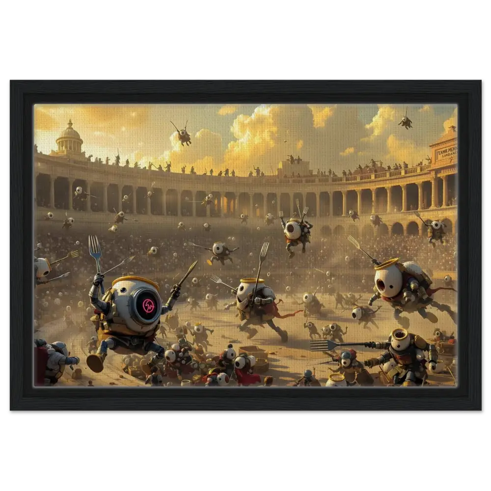 Framed Canvas Battle of the Breakfast Bots robot gladiators in arena PixiOnyx Coliseum Series