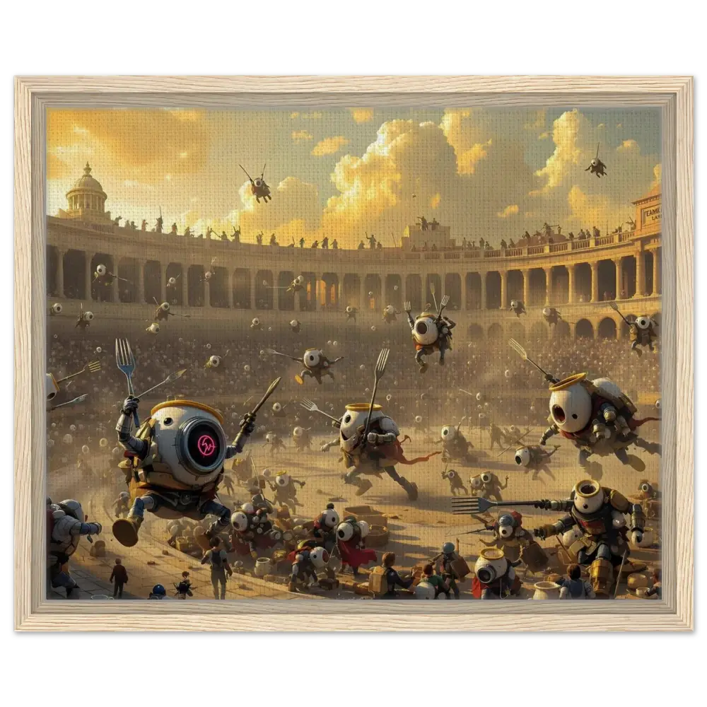 Robotic gladiatorial arena depicted on Framed Canvas Battle of the Breakfast Bots PixiOnyx Coliseum Series