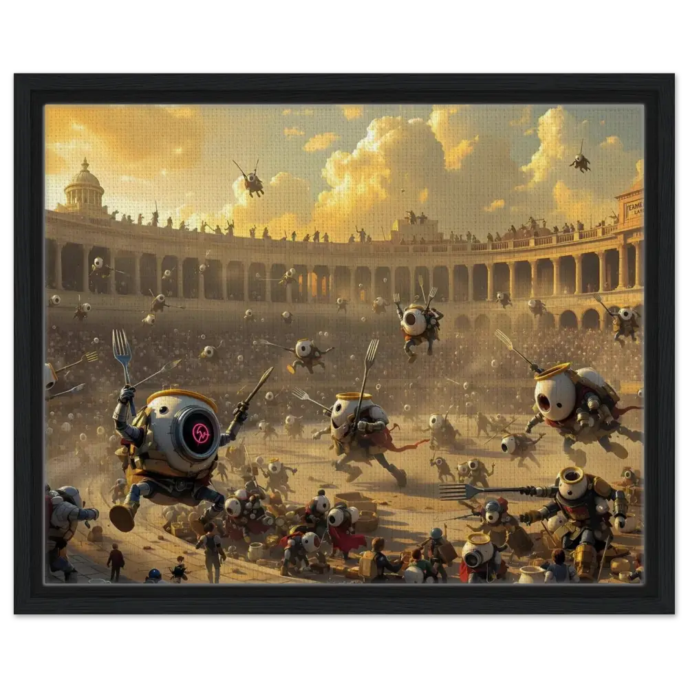 Robotic gladiatorial combat scene on framed canvas from PixiOnyx Coliseum Series