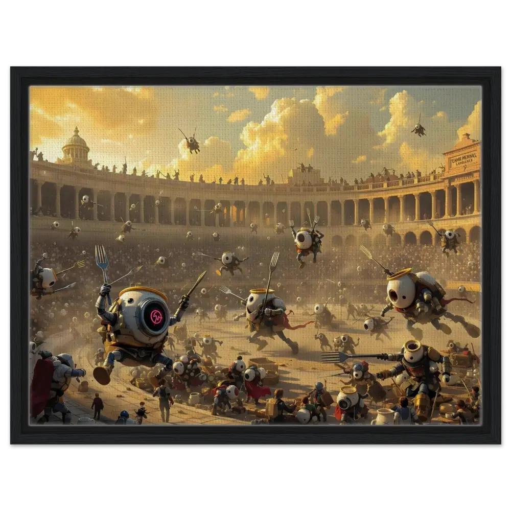 Robotic arena battle scene on Framed Canvas Battle of the Breakfast Bots PixiOnyx Coliseum Series