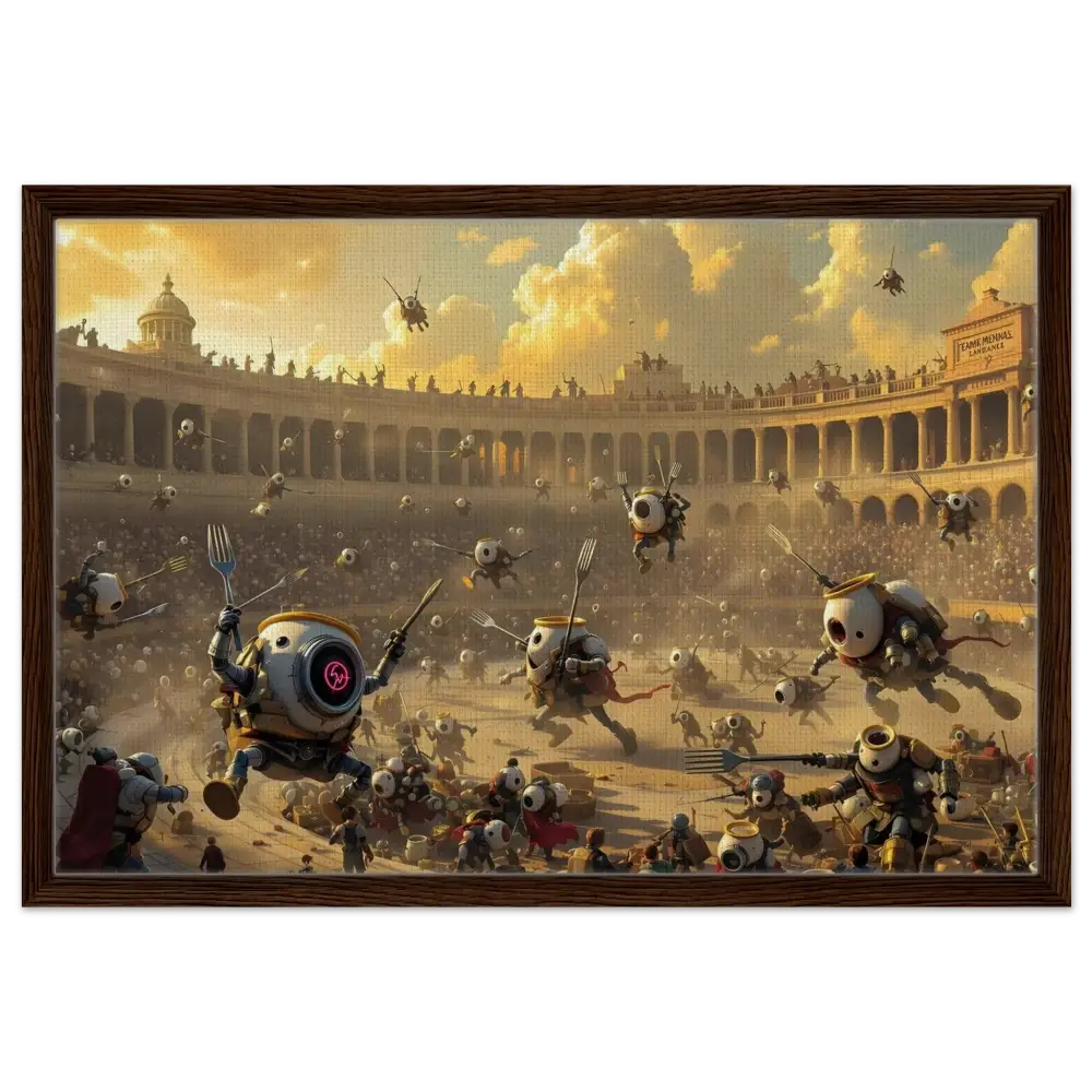 Robotic arena battle scene on Framed Canvas Battle of the Breakfast Bots PixiOnyx Coliseum Series