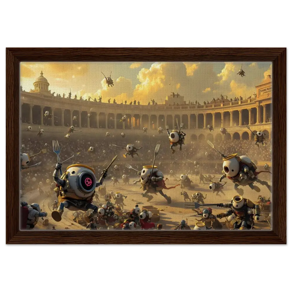 Framed Canvas Battle of the Breakfast Bots with robot-like creatures in PixiOnyx Coliseum Series