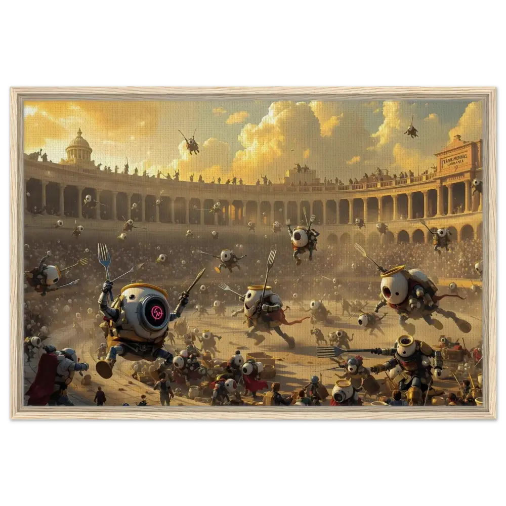 Robotic gladiatorial combat on framed canvas titled Battle of the Breakfast Bots PixiOnyx Coliseum Series