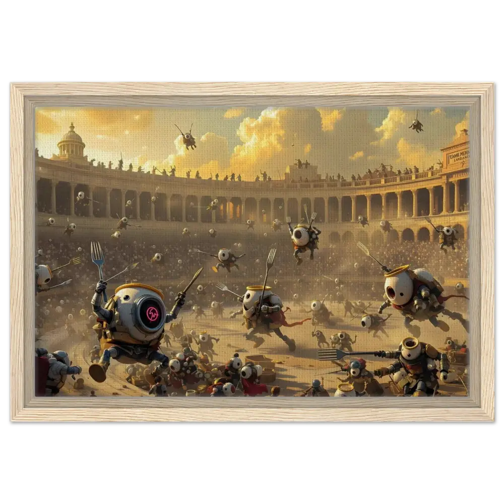 Framed Canvas Battle of the Breakfast Bots showcasing robot fight scene from PixiOnyx Coliseum Series