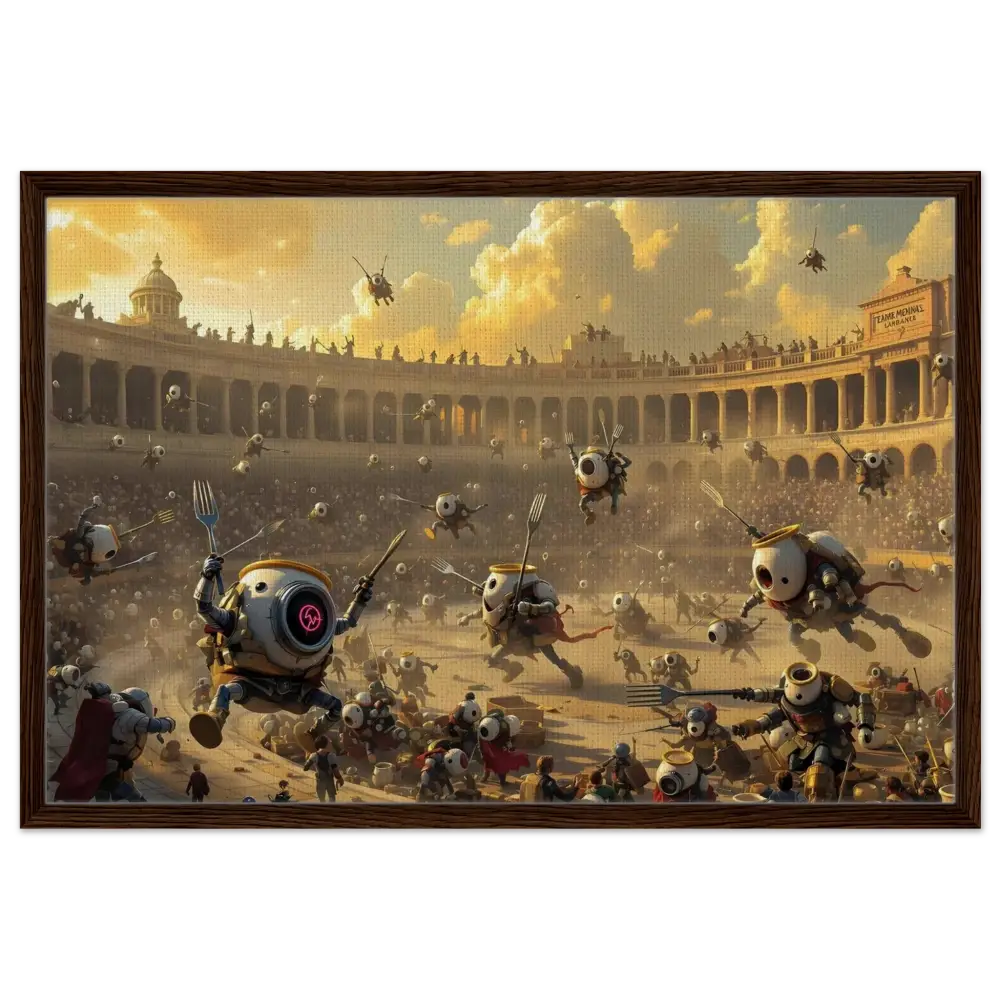 Robotic gladiatorial combat scene on framed canvas titled Battle of the Breakfast Bots