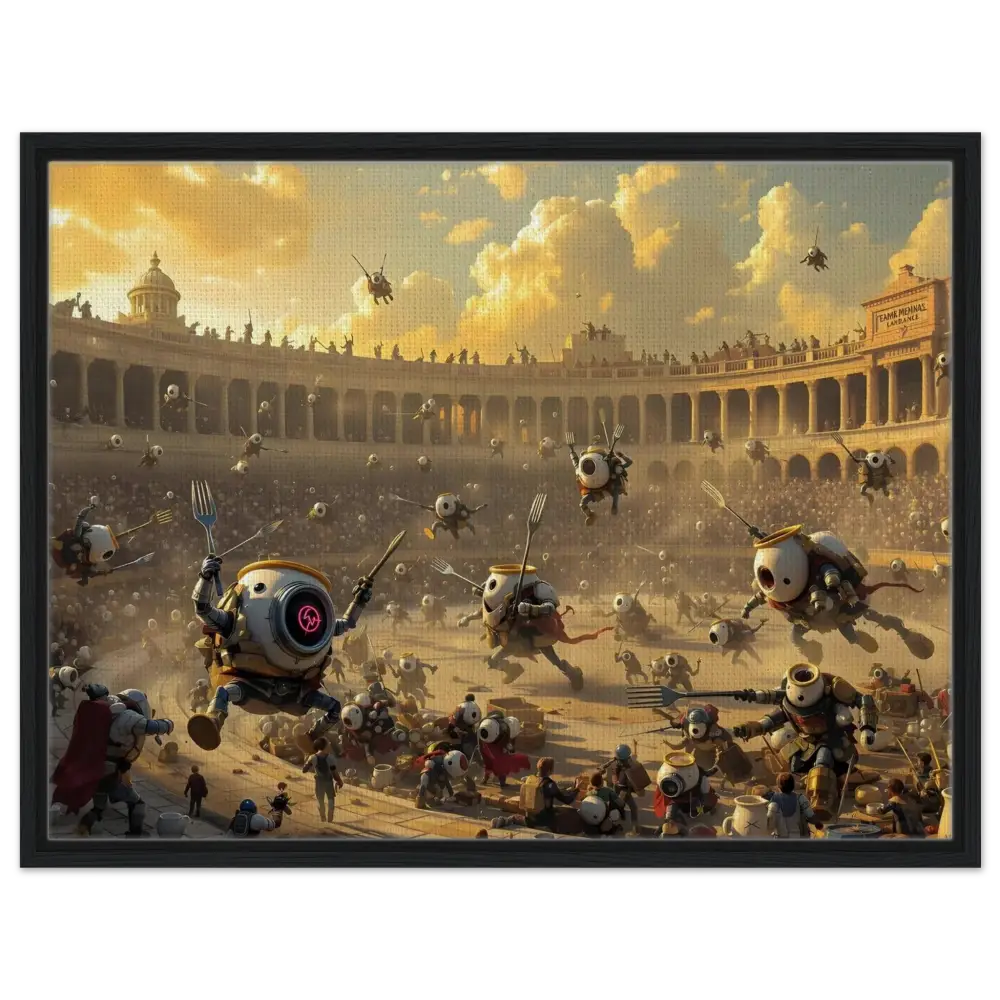 Robotic gladiatorial arena scene from PixiOnyx Coliseum Series Framed Canvas