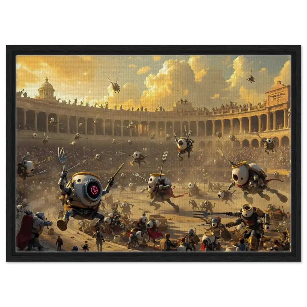 Robotic arena battle scene from PixiOnyx Coliseum Series Framed Canvas Battle of the Breakfast Bots