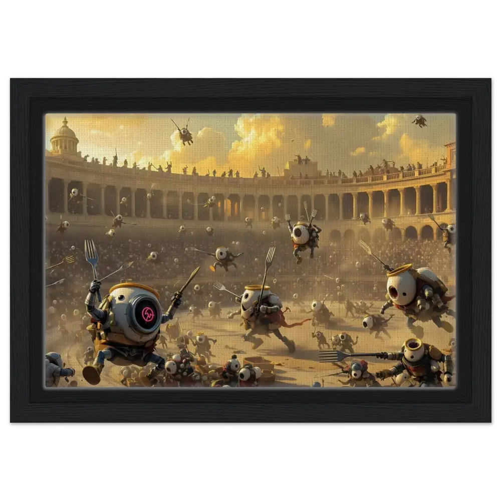 Framed Canvas Battle Scene from PixiOnyx Coliseum Series featuring Breakfast Bots combat