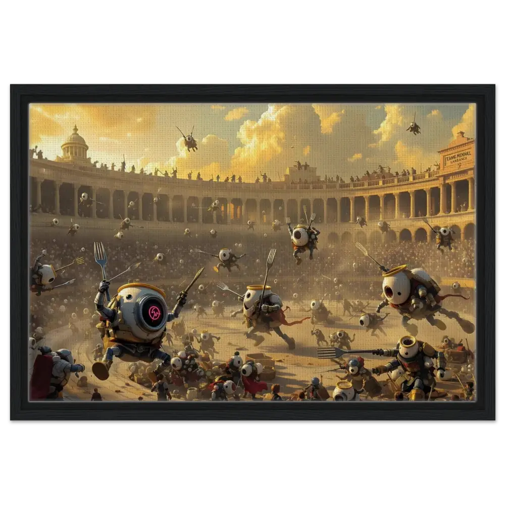 Robotic gladiatorial combat display on Framed Canvas Battle of the Breakfast Bots PIXIONYX Coliseum Series