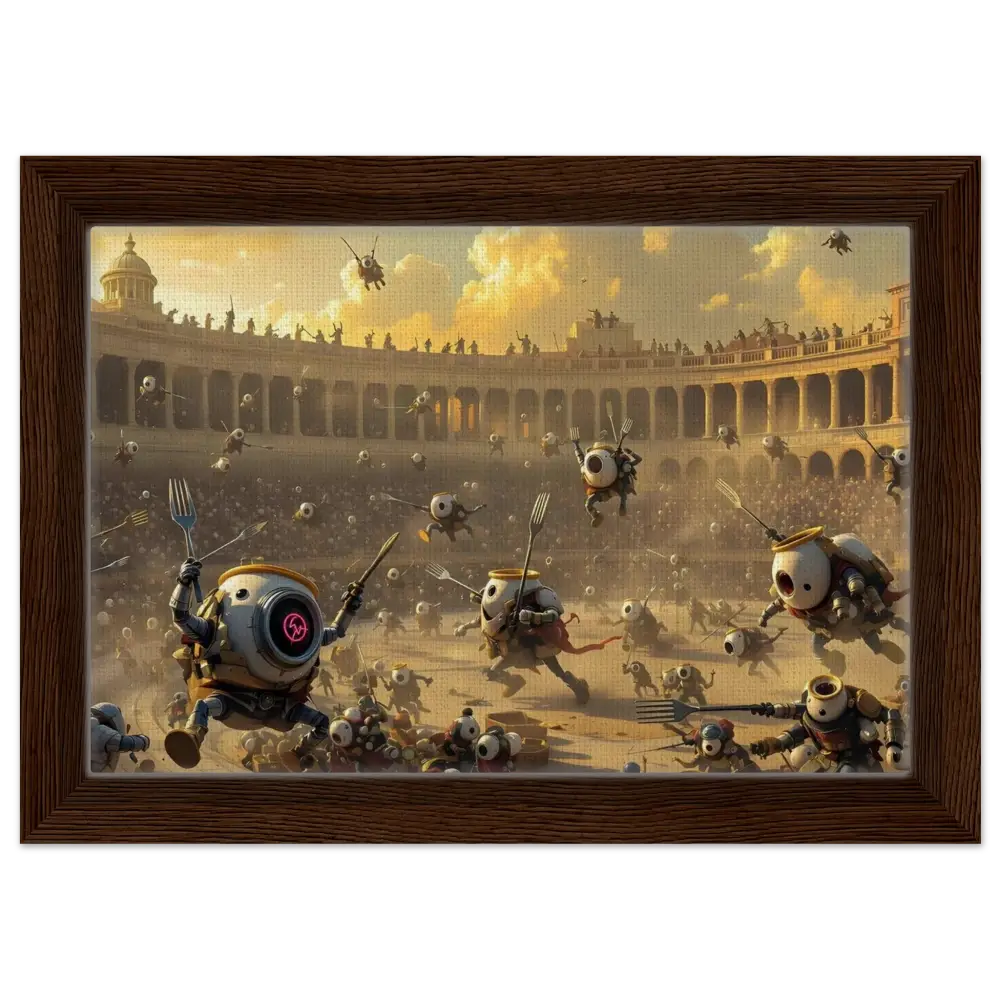 Framed Canvas depicting robot gladiator battle in PixiOnyx Coliseum Series