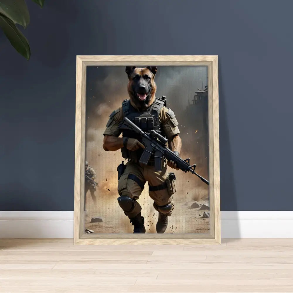 Framed Dog Soldier Art displayed on PixiOnyx Urban Elite Canvas titled Battlehound Vanguard