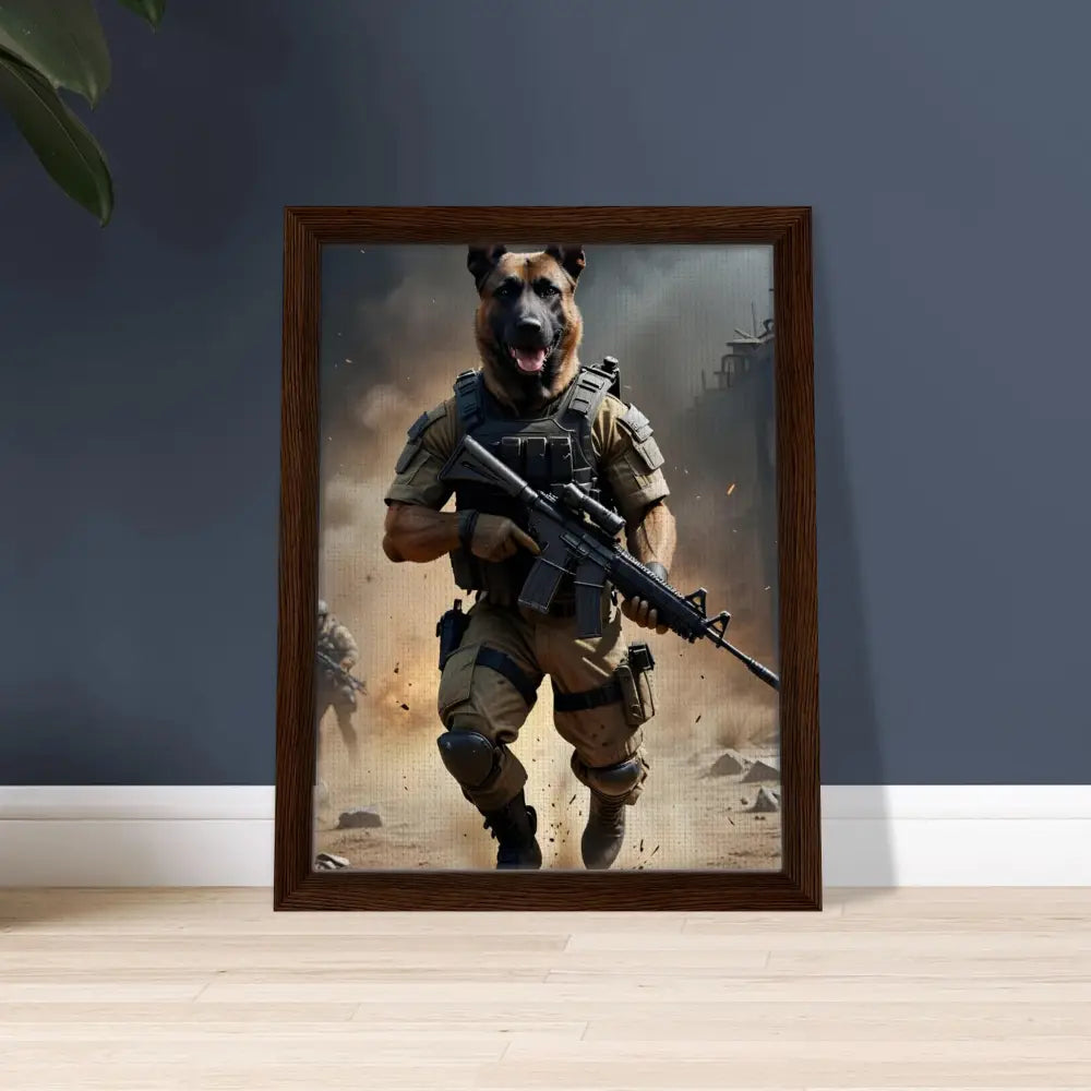 Framed dog soldier artwork displayed on a canvas for PixiOnyx Urban Elite Battlehound Vanguard