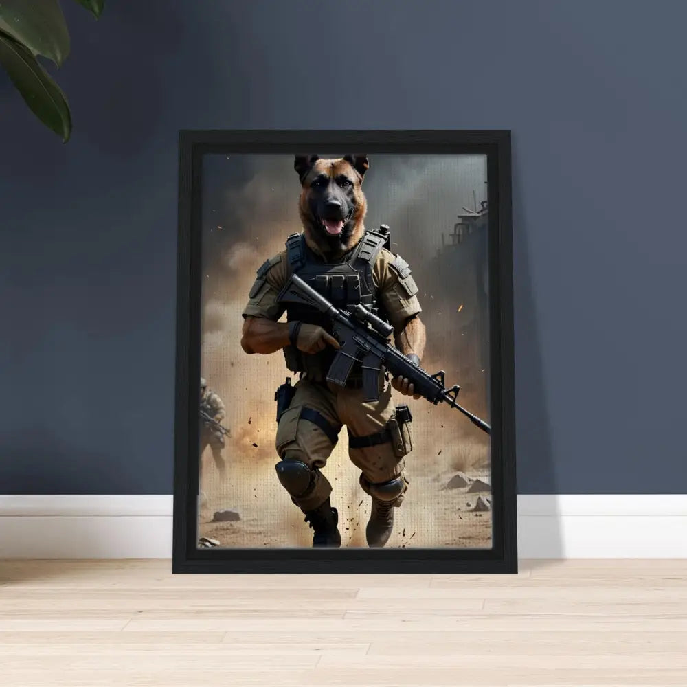 Framed dog soldier artwork from PixiOnyx Urban Elite Canvas Battlehound Vanguard series