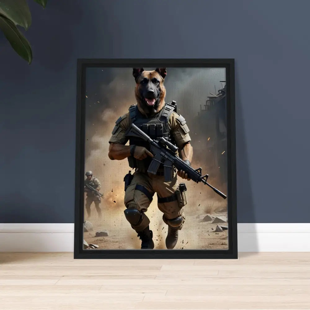 Framed anthropomorphic dog soldier art from PixiOnyx Urban Elite Battlehound Vanguard canvas