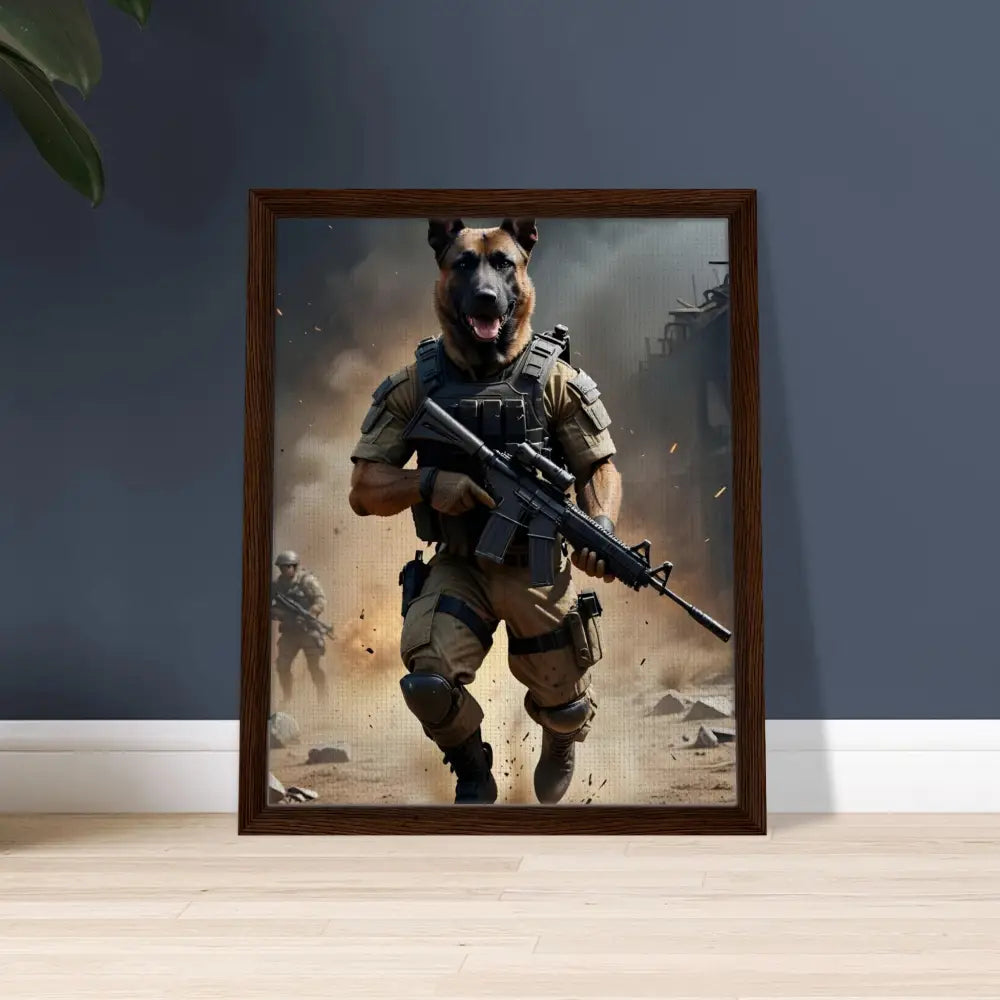 Framed dog soldier art on canvas for PixiOnyx Urban Elite Battlehound Vanguard display