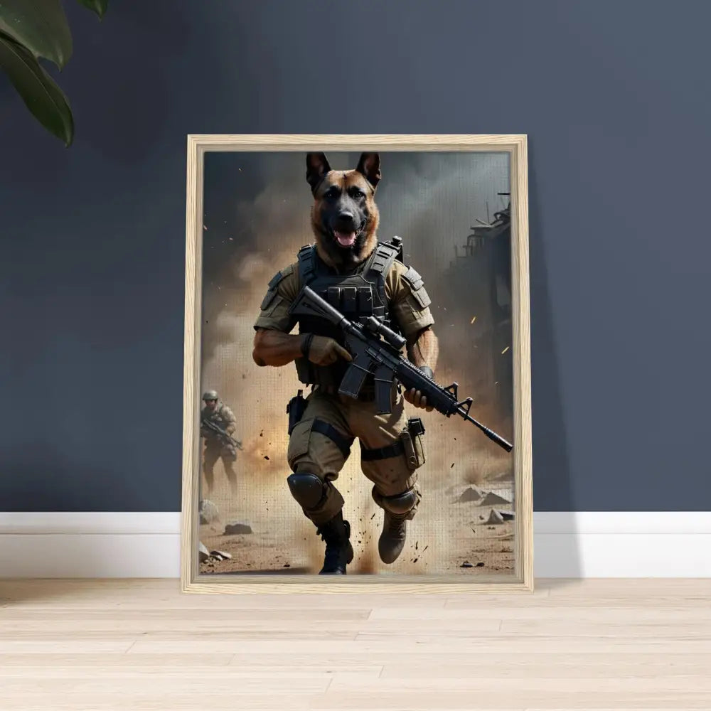 Framed dog soldier art on canvas titled Battlehound Vanguard by PixiOnyx Urban Elite